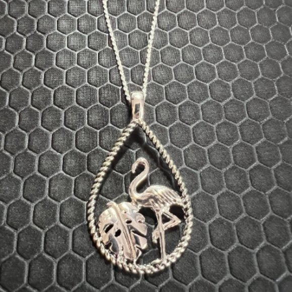 Flamingo and Palm Tree Leaf Necklace 18K White Gold Plated - Picture 1 of 1